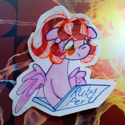 Size: 1461x1461 | Tagged: safe, artist:twilightcomet, oc, oc only, oc:ruby perl, pegasus, pony, abstract background, blush sticker, blushing, bust, computer, laptop computer, pegasus oc, solo, wings