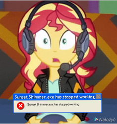 Size: 720x763 | Tagged: safe, edit, edited screencap, screencap, sunset shimmer, equestria girls, g4, game stream, my little pony equestria girls: better together, error, female, gamer sunset, meme, microsoft windows, solo, windows xp, x.exe stopped working