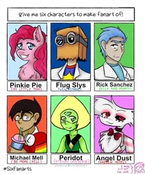 Size: 576x688 | Tagged: safe, artist:pauu_chann03, pinkie pie, arachnid, demon, earth pony, gem (race), human, pony, spider, undead, anthro, g4, angel dust (hazbin hotel), anthro with ponies, be more chill, bowtie, bust, chest fluff, clothes, crossover, dr. flug, drinking, female, femboy, gem, glasses, goggles, grin, hazbin hotel, hellaverse, heterochromia, male, mare, paper bag, peridot, peridot (steven universe), rick and morty, rick sanchez, sinner demon, six fanarts, smiling, spider demon, steven universe, that's entertainment, villainous