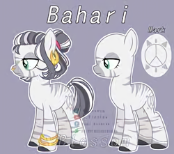 Size: 478x422 | Tagged: dead source, safe, artist:shinningblossom12, oc, oc only, oc:bahari blossom, pony, zebra, bald, bracelet, female, jewelry, mare, reference sheet, zebra oc