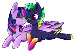 Size: 1601x1106 | Tagged: safe, artist:lazycloud, twilight sparkle, oc, oc:prism streak, alicorn, earth pony, pony, g4, female, hug, mare, prone, twilight sparkle (alicorn), winghug