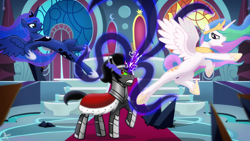 Size: 1920x1080 | Tagged: safe, artist:whitequartztheartist, king sombra, princess celestia, princess luna, alicorn, pony, unicorn, g4, action pose, dark magic, female, fight, kick, kicking, magic, male, martial arts, tentacles, throne room