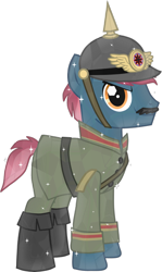 Size: 1985x3341 | Tagged: safe, artist:shadymeadow, oc, oc only, oc:shattered glory, crystal pony, pony, clothes, male, oc villain, pickelhaube, simple background, solo, stallion, transparent background, uniform