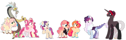 Size: 2480x800 | Tagged: safe, artist:fuxebuxe, discord, fluttershy, pinkie pie, oc, oc:blood orange, oc:cacophony, oc:cotton elizabeth fluff, oc:sixth sense, oc:sleepy-time tea, alicorn, earth pony, hybrid, pegasus, pony, g4, base used, disshypie, family, group, next generation, offspring, parent:discord, parent:fluttershy, parent:pinkie pie, parents:disshypie, pegasus pinkie pie, race swap, redesign, simple background, transparent background