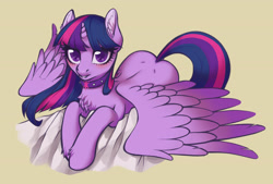 Size: 3496x2362 | Tagged: safe, artist:taytinabelle, twilight sparkle, alicorn, pony, g4, back dimples, blushing, butt, butt dimples, chest fluff, collar, cutie mark collar, dimples of venus, dock, ear fluff, female, high res, looking at you, lying down, mare, plot, prone, raised tail, simple background, solo, spread wings, tail, twilight sparkle (alicorn), unshorn fetlocks, wings