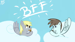 Size: 1920x1080 | Tagged: safe, artist:matyas451, derpy hooves, oc, oc:sweet cookie, pegasus, pony, g4, cloud, cookie, day, eating, female, food, male, mare, muffin, on a cloud, pegasus oc, sky