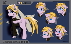 Size: 1280x800 | Tagged: safe, artist:willoillo, oc, oc only, oc:miranda rights, cyborg, pegasus, pony, angry, blushing, clothes, cute, cyberpunk, ear piercing, female, jacket, leather jacket, madorable, mare, nighthaze, pegasus oc, piercing, reference sheet, sierra nevada, simple background, solo, wings
