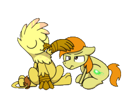 Size: 1200x960 | Tagged: safe, artist:sugar morning, oc, oc only, oc:beamshot, oc:golden plume, griffon, pony, animated, frame by frame, gif, head pat, pat, patting, simple background, transparent background, unamused