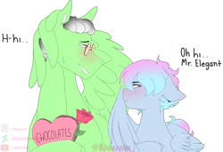 Size: 2048x1402 | Tagged: safe, artist:shinningblossom12, oc, oc only, oc:drawing, oc:shinning blossom, pegasus, pony, bust, chocolate, dialogue, female, flower, food, male, mare, oc x oc, pegasus oc, rose, shipping, simple background, stallion, white background, wings
