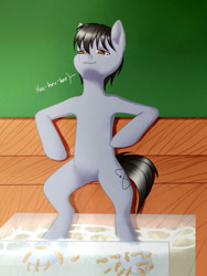 Size: 1500x2000 | Tagged: safe, artist:lbunicorn, artist:lostworld, oc, oc only, oc:silver bristle, earth pony, fish, pony, bipedal, bipedal leaning, cutie mark, digital art, giggling, hoof tickling, leaning, male, missing accessory, relaxed, relaxing, sitting, smug, solo, spa, stallion, teary eyes, tickling, ticklish hooves, water