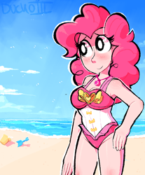 Size: 1020x1232 | Tagged: safe, artist:duckoiii, pinkie pie, equestria girls, equestria girls series, g4, attached skirt, beach, blushing, bucket, clothes, cute, diapinkes, female, geode of sugar bombs, hand on hip, magical geodes, one-piece swimsuit, skirt, solo, spade, swimsuit, white pupils