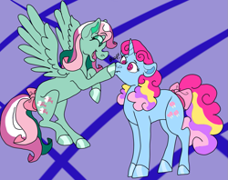 Size: 1183x937 | Tagged: safe, artist:furthehorde, fizzy, sweet pop (g1), pony, twinkle eyed pony, unicorn, g1, accessory, boop, bow, confused, crystal eyes, eyes closed, flying, happy, hooves, multicolored mane, multicolored tail, race swap, simple background, smiling, tail bow, text, wings