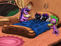 Size: 2000x1500 | Tagged: safe, artist:vasillium, spike, twilight sparkle, oc, oc:nox (rule 63), oc:nyx, alicorn, dragon, pony, g4, adorable face, adorkable, alicorn oc, bed, bedroom, bedsheets, bedside stand, blanket, blushing, book, bowl, brother, brother and sister, brothers, celery soup, chair, clock, colt, cupboard, cute, daughter, diabetes, dork, eyelashes, eyes open, family, female, fever, filly, food, food tray, golden oaks library, heartwarming, horn, horseshoes, ice pack, illness, indoors, library, looking, male, mother and child, mother and daughter, mother and son, night, night sky, nostrils, nyxabetes, parent:twilight sparkle, pillow, prince, princess, r63 paradox, reading, royalty, rug, rule 63, rule63betes, self paradox, self ponidox, siblings, sick, sister, sky, son, soup, stars, sweet, twilight sparkle (alicorn), twins, wall of tags, window, winged spike, wings