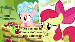 Size: 1280x720 | Tagged: safe, edit, edited screencap, editor:korora, screencap, apple bloom, cozy glow, g4, marks for effort, apple, apple tree, barking, basket, bushel basket, evil-detecting dog, food, growling, hair bow, implied winona, speech, speech bubble, sweet apple acres, talking, tree