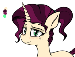 Size: 1123x854 | Tagged: safe, artist:pinkberry, oc, oc only, oc:mulberry merlot, pony, unicorn, blushing, colored, dock, female, freckles, heart, mare, simple background, simple shading, solo, tattoo