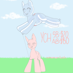Size: 3000x3000 | Tagged: safe, artist:xcinnamon-twistx, balloon pony, inflatable pony, pony, air inflation, balloon, commission, cute, descriptive noise, fetish, floating, grass, happy, high res, inflatable, inflatable fetish, inflation, shiny, sky, string, wide eyes, ych sketch, your character here
