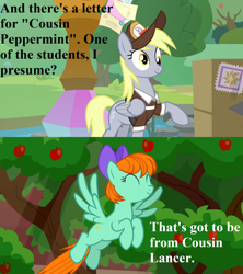 Size: 1280x1440 | Tagged: safe, edit, edited screencap, editor:korora, screencap, derpy hooves, peppermint goldylinks, g4, marks for effort, the point of no return, apple, apple tree, cute, derpabetes, dialogue, eyes closed, food, hair bow, hat, implied oc, letter, mailbag, mailmare hat, mailpony uniform, package, peppermint adoralinks, tree