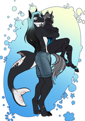 Size: 2865x4051 | Tagged: safe, artist:blackblood-queen, oc, oc only, oc:imago, oc:mako, changeling, earth pony, hybrid, orca, orca pony, original species, anthro, digitigrade anthro, unguligrade anthro, anthro oc, changeling oc, clothes, couple, cricketfish, cute, cute little fangs, cuteling, digital art, duo, eyes closed, fangs, female, happy, hug, hugs 4 bugs, male, oc x oc, partial nudity, scar, shipping, shorts, size difference, smiling, straight, topless