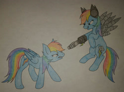 Size: 2596x1926 | Tagged: safe, artist:shadowkunsgirlfriend, rainbow dash, cyborg, pegasus, pony, elements of insanity, g4, alternate cutie mark, alternate universe, angry, blue fur, confident, flying, gun protrusion, looking at each other, multicolored mane, multicolored tail, pink eyes, rainbine, rainbine ears, smiling, tomboy, traditional art