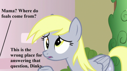 Size: 1280x720 | Tagged: safe, edit, edited screencap, editor:korora, screencap, derpy hooves, g4, triple threat, dialogue, implied dinky, the talk