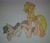 Size: 2398x2085 | Tagged: safe, artist:shadowkunsgirlfriend, applejack, earth pony, pony, elements of insanity, g4, alternate cutie mark, alternate universe, anti-heroine, apple, applepills, black mane, black tail, blonde mane, blonde tail, bottle, brown fur, confused, cowboy hat, cowgirl, cutie mark, doppelganger, duo, duo female, female, food, freckles, green eyes, hat, heroine, high res, mare, obsessed, orange fur, pills, ponytail, raised eyebrow, self paradox, self ponidox, smiling, tomboy