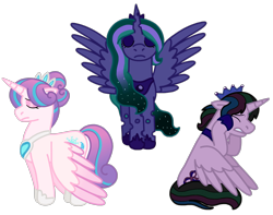 Size: 1945x1536 | Tagged: safe, artist:kindheart525, princess flurry heart, oc, oc:firefly, oc:velvet shade, alicorn, changepony, hybrid, pony, kindverse, g4, alicorn oc, alternate hairstyle, crown, eyes closed, horn, interspecies offspring, jewelry, magical lesbian spawn, offspring, older, older flurry heart, parent:good king sombra, parent:king sombra, parent:princess celestia, parent:princess luna, parent:queen chrysalis, parents:celestibra, parents:chrysaluna, regalia, simple background, transparent background, wings