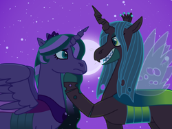 Size: 2048x1536 | Tagged: safe, artist:kindheart525, queen chrysalis, oc, oc:firefly, alicorn, changeling, changeling queen, changepony, hybrid, pony, kindverse, g4, alicorn oc, crown, female, horn, interspecies offspring, jewelry, magical lesbian spawn, moon, mother and child, mother and daughter, offspring, parent:princess luna, parent:queen chrysalis, parents:chrysaluna, regalia, story included, wings