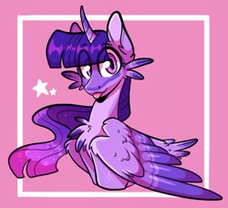Size: 888x809 | Tagged: safe, artist:rockin_candies, twilight sparkle, alicorn, pony, g4, :p, abstract background, alternate design, curved horn, cute, feather, female, horn, solo, stars, tongue out, twiabetes, twilight sparkle (alicorn), wings