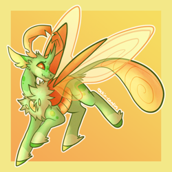 Size: 1000x1000 | Tagged: safe, artist:rockin_candies, thorax, changedling, changeling, g4, abstract background, alternate design, antlers, chest fluff, elytra, horn, king thorax, male, smiling, solo, spread wings, wings