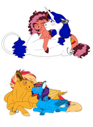 Size: 1280x1755 | Tagged: safe, artist:colourstrike, oc, oc only, oc:alexandrite, oc:chrysanthos, oc:glider, oc:strawberry swirl, earth pony, pegasus, pony, unicorn, blushing, boop, colored hooves, cuddling, eyes closed, female, leonine tail, male, mare, noseboop, oc x oc, offspring, offspring shipping, parent:big macintosh, parent:cheese sandwich, parent:fancypants, parent:fluttershy, parent:pinkie pie, parent:rainbow dash, parent:rarity, parent:soarin', parents:cheesepie, parents:fluttermac, parents:raripants, parents:soarindash, prone, shipping, simple background, size difference, stallion, straight, transparent background