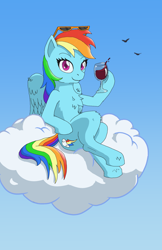 Size: 1098x1696 | Tagged: safe, artist:friendshipishorses, rainbow dash, bird, pegasus, pony, g4, alcohol, chest fluff, cloud, crossed legs, dexterous hooves, female, glass, hoof hold, looking at you, mare, sitting, sky, smiling, solo, sunglasses, wine, wine glass