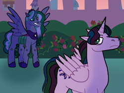 Size: 1280x960 | Tagged: safe, artist:jinxy08, artist:kindheart525, oc, oc only, oc:firefly, oc:velvet shade, alicorn, changepony, hybrid, pony, kindverse, alicorn oc, crown, horn, interspecies offspring, jewelry, magical lesbian spawn, offspring, parent:good king sombra, parent:king sombra, parent:princess celestia, parent:princess luna, parent:queen chrysalis, parents:celestibra, parents:chrysaluna, regalia, wings