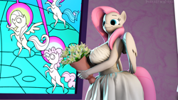 Size: 1920x1080 | Tagged: safe, artist:sugarsweetarts, oc, oc only, oc:starlight, anthro, 3d, anthro oc, big breasts, bouquet, breasts, bride, busty oc, clothes, dress, female, flower, huge breasts, not fluttershy, solo, source filmmaker, stained glass, wedding dress, wings