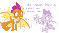 Size: 826x462 | Tagged: safe, artist:sintakhra, color edit, edit, editor:background pony #91z0, smolder, spike, dragon, tumblr:studentsix, g4, amethyst, bandana, colored, cute, dialogue, duo, eyes on the prize, gem, smolder want, smolderbetes, spikabetes, winged spike, wings, wip