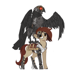 Size: 2744x2660 | Tagged: safe, artist:nsilverdraws, oc, oc only, oc:radium gears, bird, earth pony, pony, robot, amputee, artificial intelligence, bag, bio in description, clothes, duo, duo focus, earth pony oc, exoskeleton, glowing eyes, goggles, high res, perching, prosthetic leg, prosthetic limb, prosthetics, saddle bag, simple background, steampunk, tank top