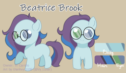 Size: 1300x759 | Tagged: safe, artist:helithusvy, oc, oc only, oc:beatrice brook, earth pony, pony, commission, cutie mark, earth pony oc, female, filly, glasses, heterochromia, reference sheet, simple background, solo