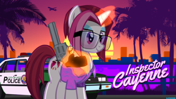 Size: 1920x1080 | Tagged: safe, artist:bastbrushie, artist:thebosscamacho, cayenne, pony, unicorn, 357, 80s, building, car, clothes, cutie mark, fluffy, glasses, grand theft auto, grand theft auto vice city, gta vice city, gun, handgun, hawaiian shirt, inspector, magic, ocean, palm tree, plane, police, reflection, retro, retrowave, revolver, shirt, smiling, sun, sunset, synthwave, tail, title, tree, vice city, weapon
