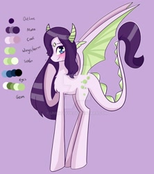 Size: 1280x1440 | Tagged: safe, artist:unikitty66, oc, oc only, dracony, hybrid, blushing, color palette, deviantart watermark, dragon wings, ear fins, earfins, hair over one eye, hoof over mouth, horns, interspecies offspring, long mane, obtrusive watermark, offspring, parent:rarity, parent:spike, parents:sparity, purple background, simple background, solo, watermark, wings