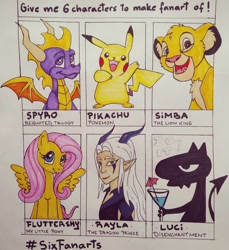 Size: 1080x1179 | Tagged: safe, artist:eya_dragon, fluttershy, big cat, lion, pegasus, pikachu, pony, g4, :d, bust, clothes, cocktail glass, crossover, devil horns, disenchantment, female, luci, male, mare, open mouth, pokémon, rayla, simba, six fanarts, smiling, spread wings, spyro the dragon, spyro the dragon (series), the dragon prince, the lion king, waving, wings