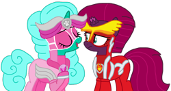 Size: 1990x1056 | Tagged: safe, artist:徐詩珮, fizzlepop berrytwist, glitter drops, tempest shadow, pony, unicorn, series:sprglitemplight diary, series:sprglitemplight life jacket days, series:springshadowdrops diary, series:springshadowdrops life jacket days, g4, alternate universe, base used, broken horn, clothes, female, horn, lesbian, marshall (paw patrol), mighty pups, paw patrol, ship:glittershadow, shipping, simple background, skye (paw patrol), transparent background