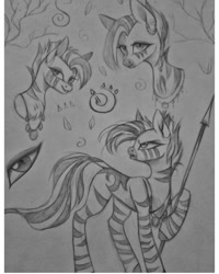 Size: 1080x1350 | Tagged: safe, artist:_quantumness_, oc, oc only, zebra, bust, eye, grayscale, looking back, monochrome, smiling, spear, traditional art, weapon, zebra oc