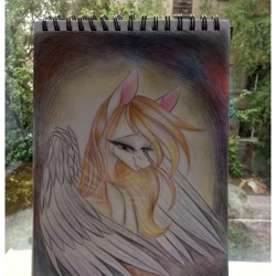 Size: 1080x1080 | Tagged: safe, artist:_quantumness_, oc, oc only, pegasus, pony, bedroom eyes, bust, eyelashes, grin, irl, makeup, pegasus oc, photo, smiling, solo, traditional art, wings
