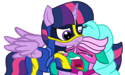 Size: 1440x871 | Tagged: safe, artist:徐詩珮, glitter drops, twilight sparkle, alicorn, pony, series:sprglitemplight diary, series:sprglitemplight life jacket days, series:springshadowdrops diary, series:springshadowdrops life jacket days, g4, the beginning of the end, alternate universe, base used, chase (paw patrol), clothes, crying, female, lesbian, mighty pups, paw patrol, ship:glitterlight, shipping, simple background, skye (paw patrol), transparent background, twilight sparkle (alicorn)