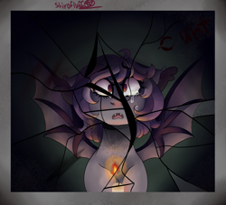Size: 2200x2000 | Tagged: safe, artist:shirofluff, oc, oc:darky, bat pony, comic:seeds of hope, fallout equestria, broken mirror, candle, candlelight, crying, fallout equestria seeds of hope, fangs, high res, reflection, synth