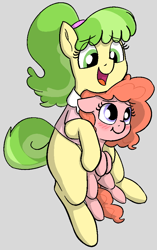 Size: 602x961 | Tagged: safe, artist:heretichesh, chickadee, ms. peachbottom, oc, oc:peachy keen, earth pony, pony, g4, blushing, clothes, cute, duo, female, filly, hug, mare, missing cutie mark
