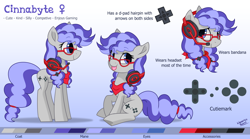Size: 4500x2500 | Tagged: safe, artist:liquorice_sweet, oc, oc only, oc:cinnabyte, :p, adorkable, bandana, cinnabetes, cute, dork, gaming headset, glasses, headphones, headset, reference sheet, smiling, tongue out
