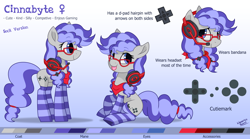 Size: 4500x2500 | Tagged: safe, alternate version, artist:liquorice_sweet, oc, oc only, oc:cinnabyte, :p, adorkable, bandana, cinnabetes, clothes, cute, dork, gaming headset, glasses, headphones, headset, reference sheet, smiling, socks, striped socks, tongue out