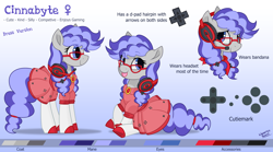 Size: 4500x2500 | Tagged: safe, alternate version, artist:liquorice_sweet, oc, oc only, oc:cinnabyte, earth pony, pony, :p, adorkable, bandana, cinnabetes, clothes, cute, dork, dress, gaming headset, glasses, headphones, headset, reference sheet, smiling, socks, tongue out