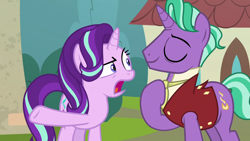 Size: 1280x720 | Tagged: safe, screencap, firelight, starlight glimmer, pony, unicorn, g4, the parent map, duo, eyes closed, father and child, father and daughter, female, hoof pointing, male, mare, stallion, starlight glimmer is not amused, unamused