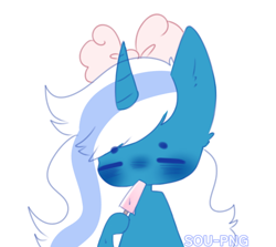 Size: 702x627 | Tagged: safe, artist:sou-png, oc, oc:fleurbelle, alicorn, pony, alicorn oc, blushing, bow, eating, female, food, hair bow, hand, horn, ice cream, mare, wings